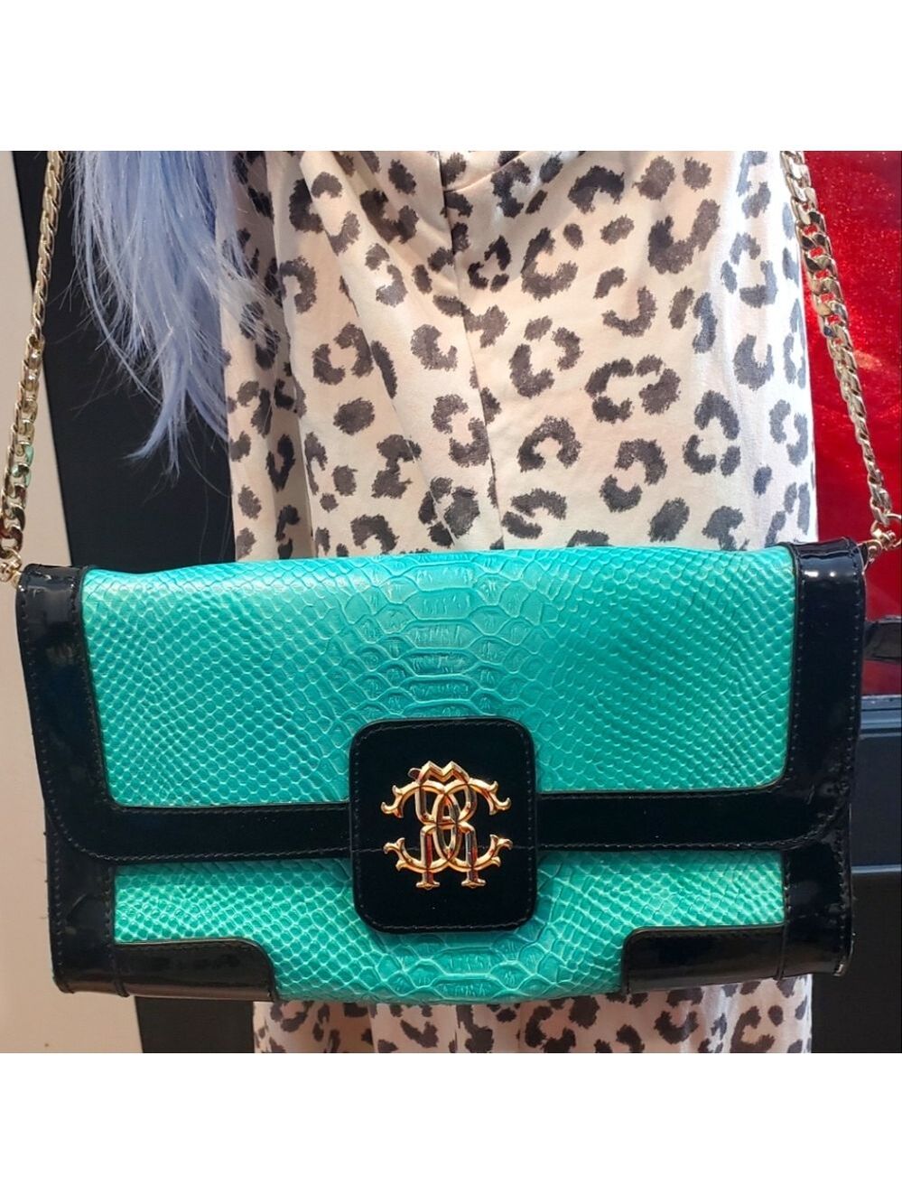 Y2K Aqua Python Clutch Chain Crossbody Bag